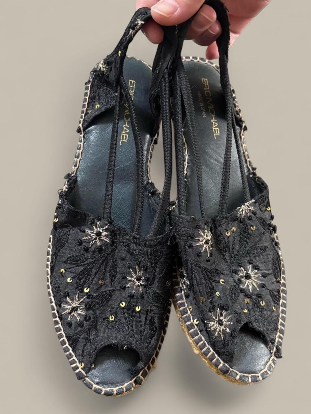 Eric Michael Black and Gold Floral Espadrilles